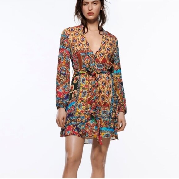 Zara Long Sleeve Boho Floral Patchwork Dress With Button Detail Size M NWT - Picture 13 of 13